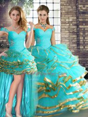 Cute Sleeveless Floor Length Beading and Ruffled Layers Lace Up Vestidos de Quinceanera with Aqua Blue