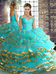 Cute Sleeveless Floor Length Beading and Ruffled Layers Lace Up Vestidos de Quinceanera with Aqua Blue