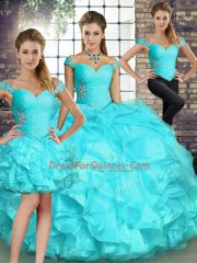 Floor Length Aqua Blue 15 Quinceanera Dress Off The Shoulder Sleeveless Lace Up