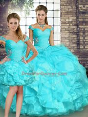 Floor Length Aqua Blue 15 Quinceanera Dress Off The Shoulder Sleeveless Lace Up