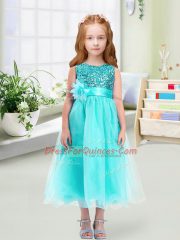 Delicate Scoop Sleeveless Zipper Flower Girl Dresses Aqua Blue Organza