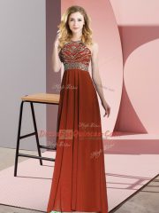 Comfortable Rust Red Scoop Neckline Beading Prom Dresses Sleeveless Backless