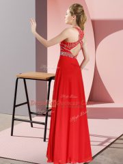 Comfortable Rust Red Scoop Neckline Beading Prom Dresses Sleeveless Backless