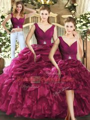 Designer Floor Length Backless Vestidos de Quinceanera Burgundy for Sweet 16 and Quinceanera with Ruffles and Pick Ups