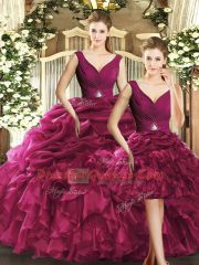Designer Floor Length Backless Vestidos de Quinceanera Burgundy for Sweet 16 and Quinceanera with Ruffles and Pick Ups