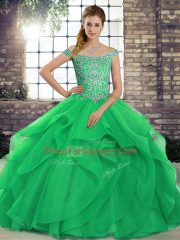 Sexy Green Ball Gown Prom Dress Tulle Brush Train Sleeveless Beading and Ruffles