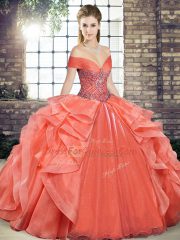 Wonderful Off The Shoulder Sleeveless Lace Up Sweet 16 Dress Orange Red Organza