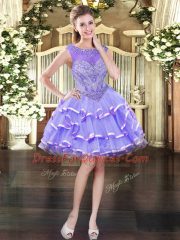 Low Price Lavender Organza Lace Up Dress for Prom Sleeveless Mini Length Beading and Ruffled Layers