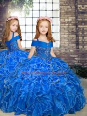 Blue Straps Neckline Beading and Ruffles Little Girls Pageant Dress Sleeveless Lace Up