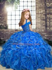 Blue Straps Neckline Beading and Ruffles Little Girls Pageant Dress Sleeveless Lace Up