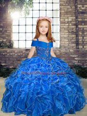 Blue Straps Neckline Beading and Ruffles Little Girls Pageant Dress Sleeveless Lace Up