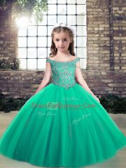 New Style Sleeveless Tulle Floor Length Lace Up Child Pageant Dress in Turquoise with Appliques