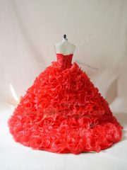 Modest Red Sleeveless Court Train Beading and Ruffles 15 Quinceanera Dress