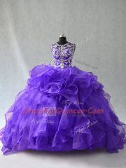 Designer Purple Sleeveless Organza Lace Up Quinceanera Dresses for Sweet 16 and Quinceanera