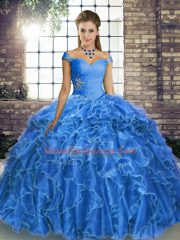 Off The Shoulder Sleeveless Quince Ball Gowns Brush Train Beading and Ruffles Blue Organza