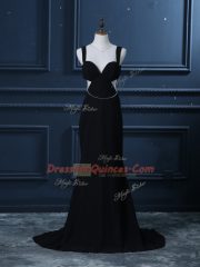 Perfect Black Chiffon Backless Prom Evening Gown Sleeveless Brush Train Beading