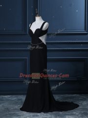 Perfect Black Chiffon Backless Prom Evening Gown Sleeveless Brush Train Beading