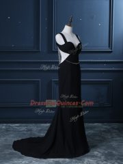 Perfect Black Chiffon Backless Prom Evening Gown Sleeveless Brush Train Beading