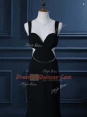 Perfect Black Chiffon Backless Prom Evening Gown Sleeveless Brush Train Beading