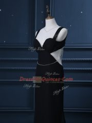 Perfect Black Chiffon Backless Prom Evening Gown Sleeveless Brush Train Beading