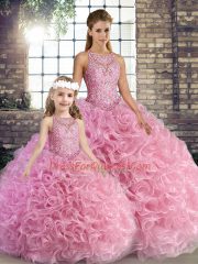 Lovely Floor Length Lace Up Quince Ball Gowns Rose Pink for Military Ball and Sweet 16 and Quinceanera with Beading