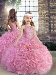 Lovely Floor Length Lace Up Quince Ball Gowns Rose Pink for Military Ball and Sweet 16 and Quinceanera with Beading