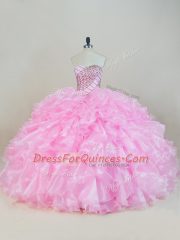 Floor Length Baby Pink Quinceanera Gowns Organza Sleeveless Beading and Ruffles