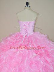 Floor Length Baby Pink Quinceanera Gowns Organza Sleeveless Beading and Ruffles
