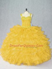 Fabulous Gold Organza Lace Up Ball Gown Prom Dress Sleeveless Floor Length Beading and Ruffles