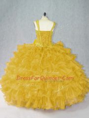Fabulous Gold Organza Lace Up Ball Gown Prom Dress Sleeveless Floor Length Beading and Ruffles