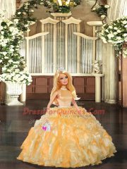 Gold Ball Gowns Halter Top Sleeveless Organza Floor Length Backless Beading and Ruffles Ball Gown Prom Dress