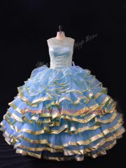 Fabulous Floor Length Blue Sweet 16 Dresses Scoop Sleeveless Lace Up