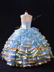 Fabulous Floor Length Blue Sweet 16 Dresses Scoop Sleeveless Lace Up