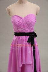 Exceptional Lilac Zipper Evening Dress Ruching Sleeveless Knee Length