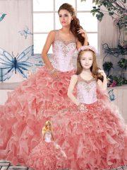 Affordable Scoop Sleeveless Organza Quinceanera Gown Beading and Ruffles Clasp Handle