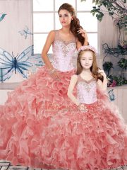 Affordable Scoop Sleeveless Organza Quinceanera Gown Beading and Ruffles Clasp Handle