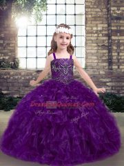 Floor Length Lace Up Evening Gowns Eggplant Purple for Party and Wedding Party with Beading and Ruffles