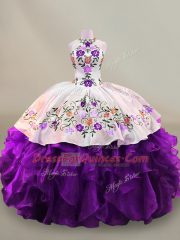 Superior White And Purple Ball Gowns Organza High-neck Sleeveless Embroidery Floor Length Lace Up Quinceanera Dresses