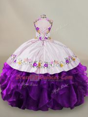 Superior White And Purple Ball Gowns Organza High-neck Sleeveless Embroidery Floor Length Lace Up Quinceanera Dresses