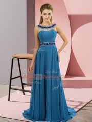 Shining Chiffon Scoop Sleeveless Brush Train Zipper Beading Prom Dress in Blue