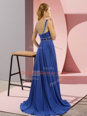 Shining Chiffon Scoop Sleeveless Brush Train Zipper Beading Prom Dress in Blue