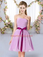 Lavender Chiffon Lace Up Vestidos de Damas Sleeveless Mini Length Belt
