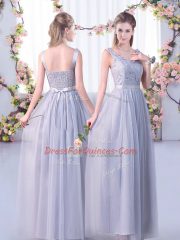 Fantastic Tulle Sleeveless Floor Length Quinceanera Court of Honor Dress and Lace and Belt