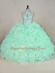 Fashion Apple Green Lace Up Ball Gown Prom Dress Beading and Ruffles Sleeveless Brush Train