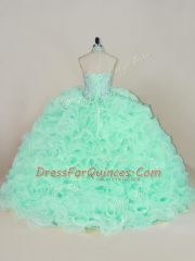 Fashion Apple Green Lace Up Ball Gown Prom Dress Beading and Ruffles Sleeveless Brush Train