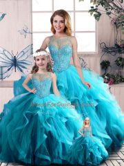 Fitting Aqua Blue Sleeveless Tulle Lace Up Quince Ball Gowns for Sweet 16 and Quinceanera