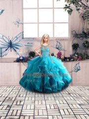 Fitting Aqua Blue Sleeveless Tulle Lace Up Quince Ball Gowns for Sweet 16 and Quinceanera