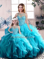 Fitting Aqua Blue Sleeveless Tulle Lace Up Quince Ball Gowns for Sweet 16 and Quinceanera