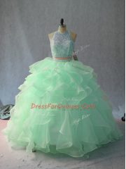 Discount Organza Halter Top Sleeveless Backless Beading and Ruffles Quinceanera Dress in Apple Green and Pink And White