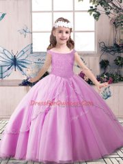 Trendy Floor Length Lace Up Kids Pageant Dress Lilac for Party and Sweet 16 and Wedding Party with Beading